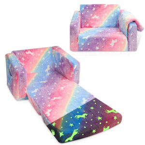 kirumie kids couch glow in the dark, toddler couches that fold out, 2-in-1 convertible sofa to lounger, soft kids sofa with blanket, toddler chair comfy sofa for girls, pink