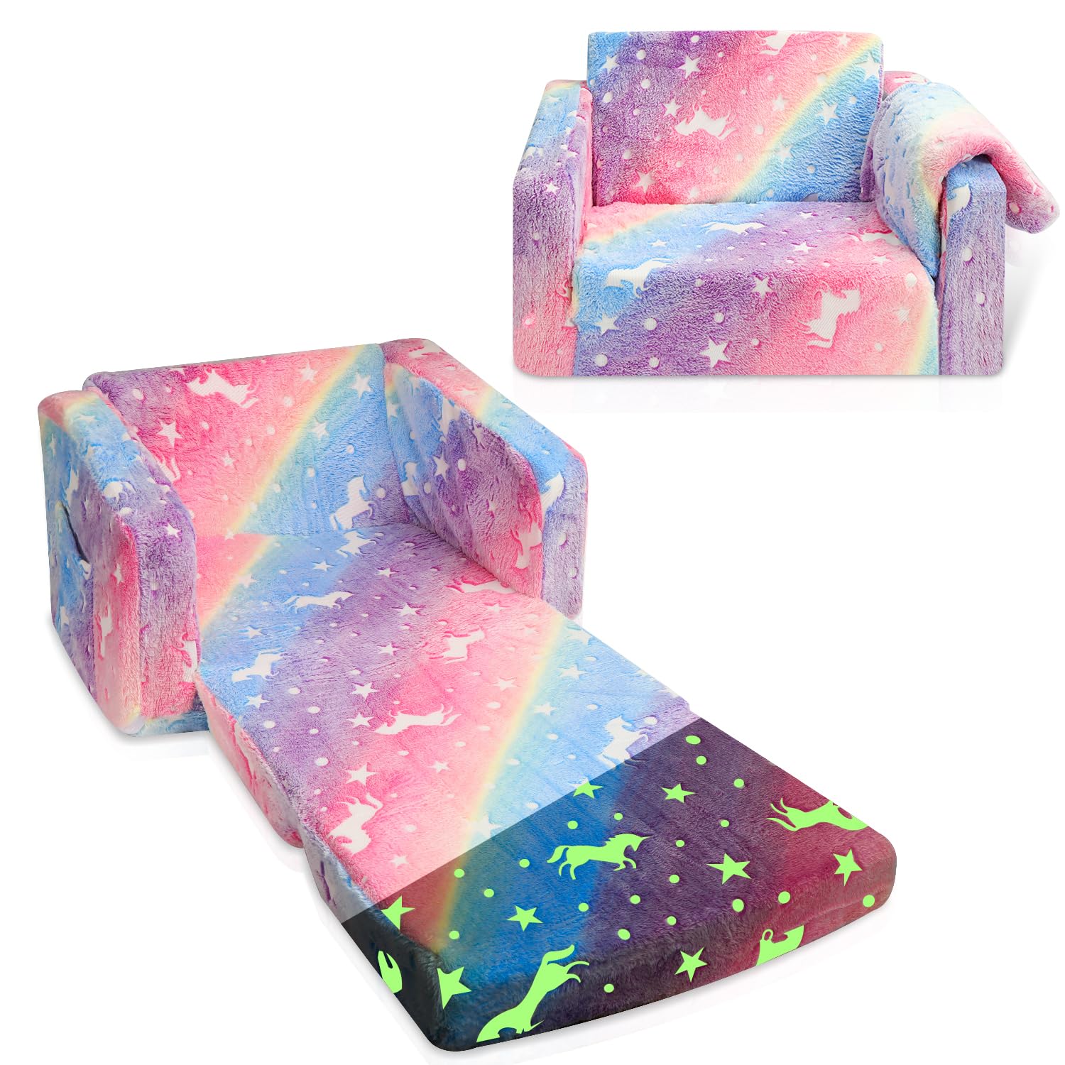 Kirumie Kids Couch Glow in The Dark, Toddler Couches That Fold Out, 2-in-1 Convertible Sofa to Lounger, Soft Kids Sofa with Blanket, Toddler Chair Comfy Sofa for Girls, Pink