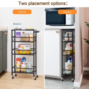 LOAKEKEL Slim Rolling Cart, 4-Tier Storage Cart on Wheels, Narrow Kitchen Cart with 6 Hooks for Small Spaces, 7.87" Deep, Mobile Shelving Unit Utility Cart for Dining Room, Bathroom, Black HKC04BK-1