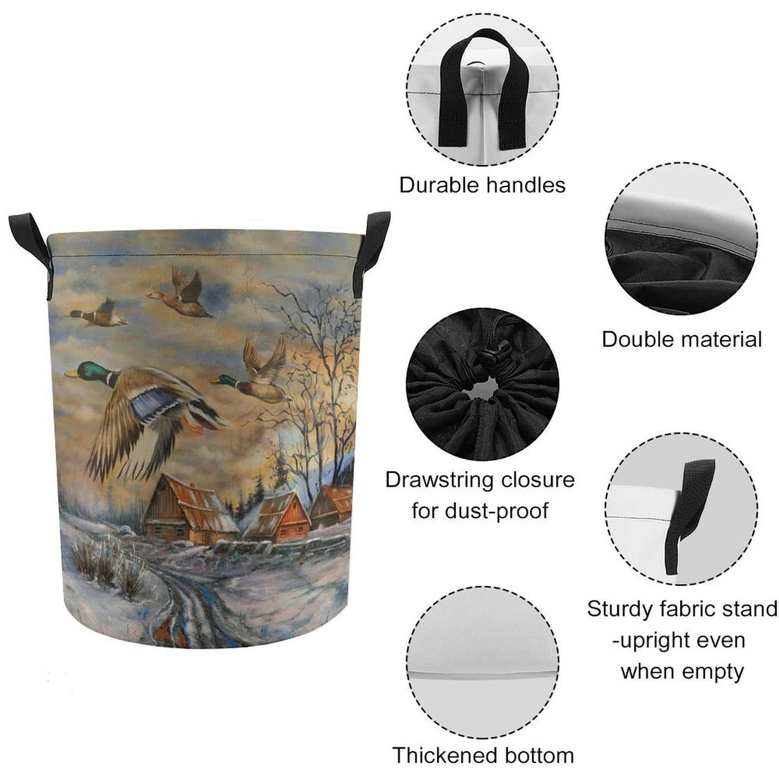 Brebasf Abstract Hunting Theme Duck Dirty Clothes Hampers Drawstring Large Volume,Vintage Farmhouse Oil Painting Forest Chickens Ducks Laundry Hamper Storage Basket-13.8"W X13.8"L X17.3"H