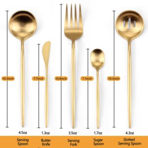 Large Serving Utensils Set,5 Pcs Stainless Steel Gold Serving utensils with 10.8 Inch Serving Fork,10.3 Inch Serving Spoon and Slotted Serving Spoon,Sugar Spoon and Butter Knife for Buffet