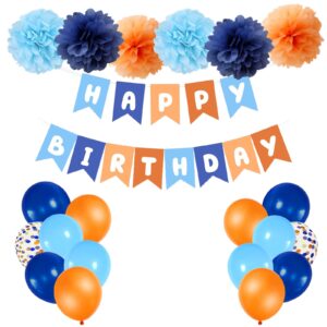 rishafowg blue and orange happy birthday party decorations, blue themed party decorations with banner balloons and pompoms birthday baby shower décor supplies kids boys girls