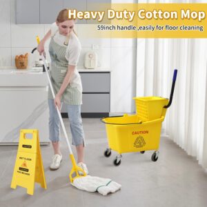 Midoneat Side Press Wringer Combo Commercial Mop Bucket on Wheels, 35 Quart,Yellow, Including Wet Floor Caution Sign（24Inch） and One Industrail Mop