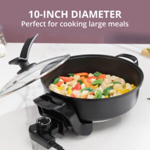 Samoris Electric Skillet with lid 3 Quart 10 Inch Round Cooker with Nonstick Coating,Electric Hot Pots and Frying Pan,Adjustable Temperature, Tempered Glass Lid with Vent, 1200W,Black