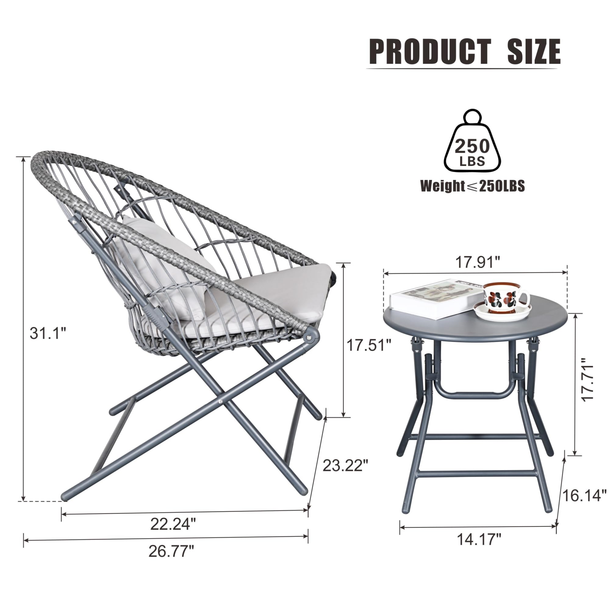 HWB Foldable 3-Piece Patio Bistro Set with Folding Rattan Chairs and Round Table - Small Outdoor Furniture for Balcony, Garden, Backyard, Restaurant, Cafe Bar (Grey)