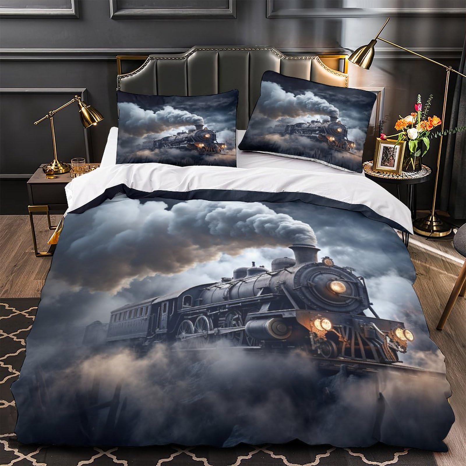 EVMILA Steam Train Comforter Covers Duvet Cover Quilt Cover for Boys Girls 3D Printed Steampunk Bedding Set with Zipper Closure Soft Microfiber with Pillow Cases 3 Pieces Twin（173x218cm）