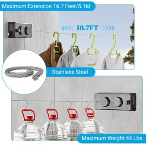 Retractable Clothesline Indoor Outdoor, Clothes Line Retracting, Double Retractable Clothes Lines, Wall Mounted Clothes Drying Line, Non-Sagging Stainless Steel Linefor Hanging Clothes with 16.7ft