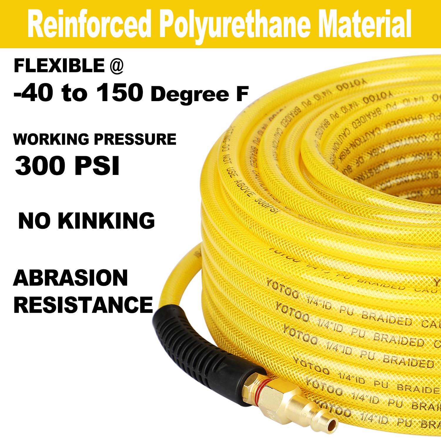 YOTOO Reinforced Polyurethane Air Hose 1/4" Inner Diameter by 100' Long, Flexible, Heavy Duty Air Compressor Hose with Bend Restrictor, 1/4" Swivel Industrial Quick Coupler and Plug, Yellow