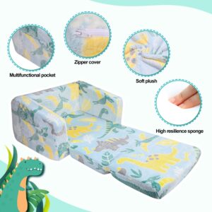 Kirumie Fold Out Kids Sofa Couch, Children 2 in 1 Convertible Sofa to Lounger, Flip Out Sofa Chair with Blanket, Glow in The Dark Dinosaur Theme Toddler Sofa, Sofa Bed Toddler Chairs for Boys Girls