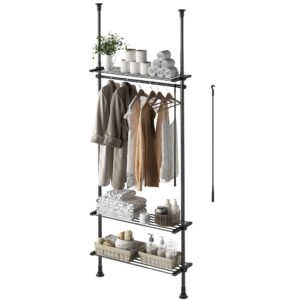 DYN Ptah 4-Tier Over Toilet Bathroom Organizer Floor to Ceiling, Over The Toilet Storage Rack with Tension Poles/Shelves/Clothes Rail, Adjustable Height, Width and Position, Metal Black