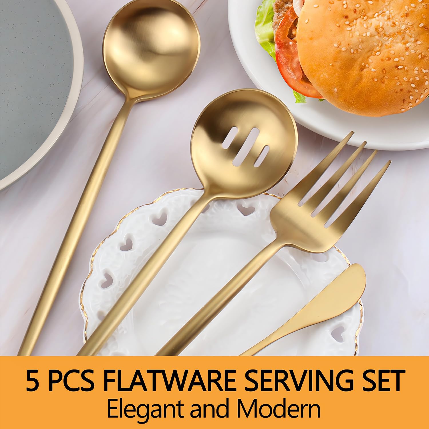 Large Serving Utensils Set,5 Pcs Stainless Steel Gold Serving utensils with 10.8 Inch Serving Fork,10.3 Inch Serving Spoon and Slotted Serving Spoon,Sugar Spoon and Butter Knife for Buffet