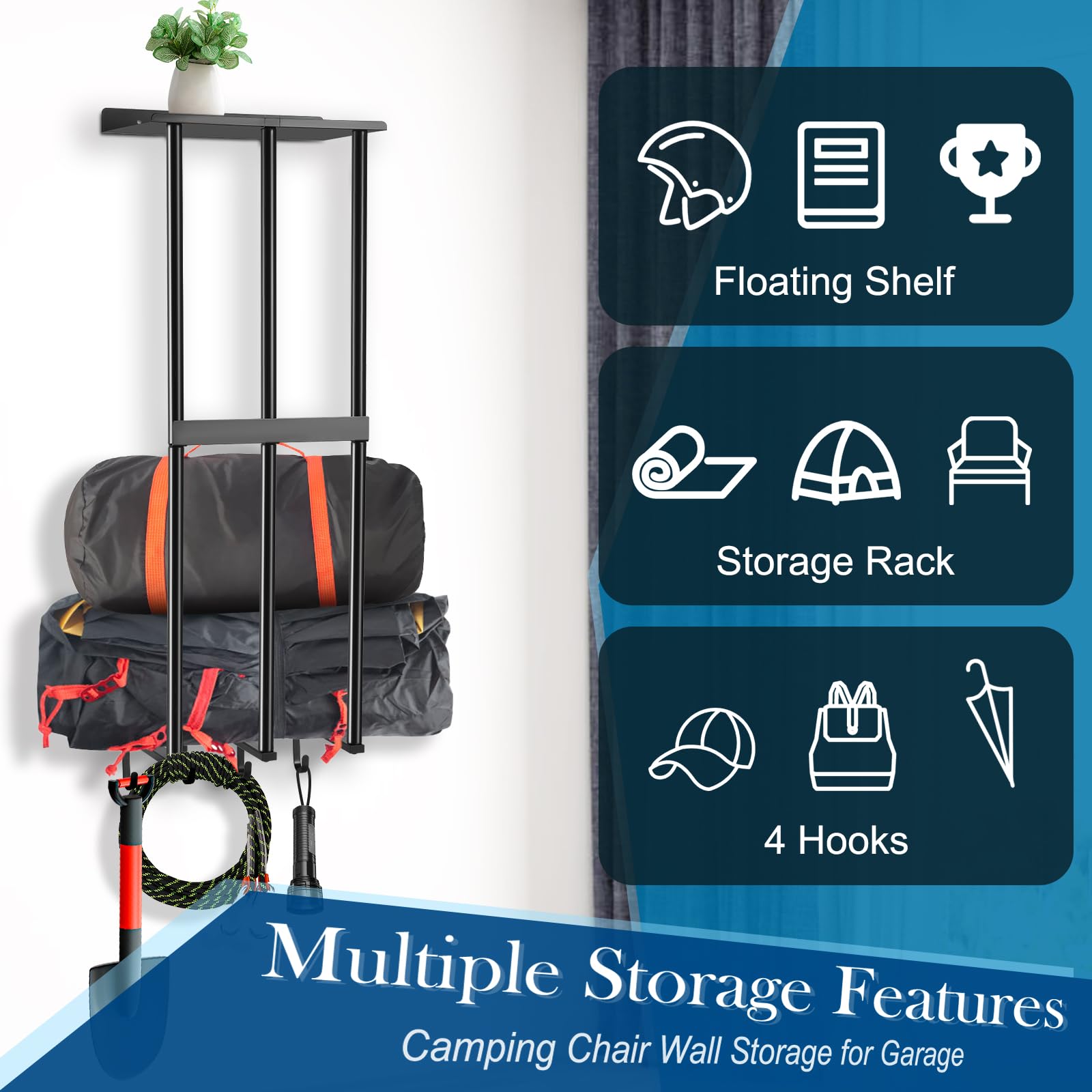 YUNFUTIEI Camping Chair Wall Storage for Garage - Metal Camping Chair Wall Mount Holder | Carries 4 Hooks and Anti-Slip Barrier | Garage Storage Rack for Chair, Tents, Umbrella, Yoga Mats, etc.