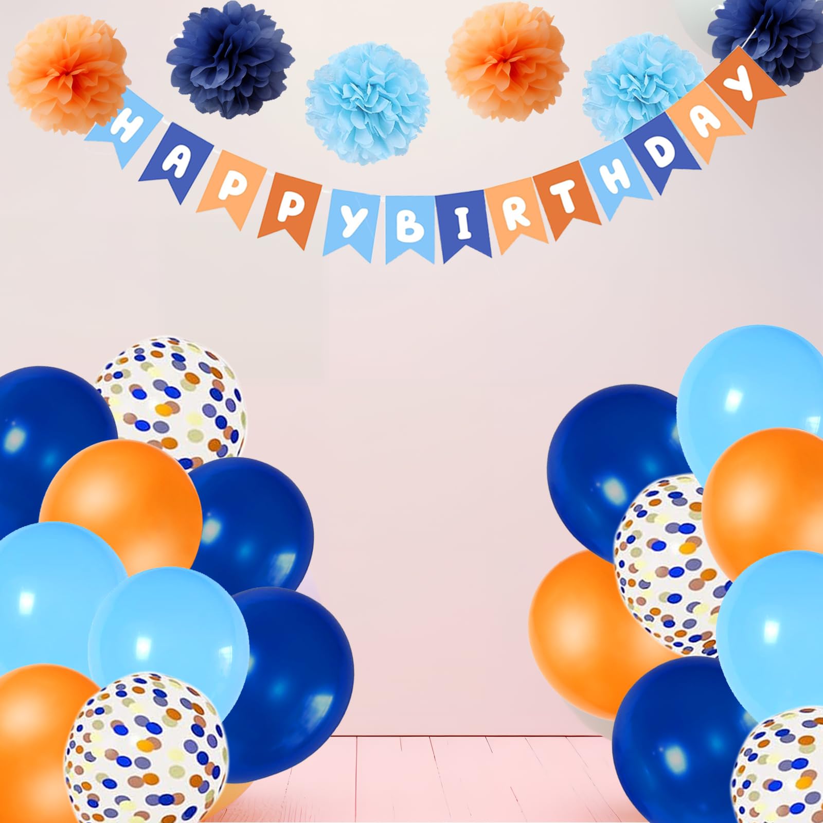 Rishafowg Blue and Orange Happy Birthday Party Decorations, Blue Themed Party Decorations with Banner Balloons and Pompoms Birthday Baby Shower Décor Supplies Kids Boys Girls