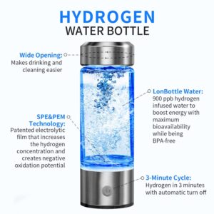 Hydrogen Water Bottle, Portable Hydrogen Water Ionizer Machine, Hydrogen Water Generator, Rechargeable Hydrogen Rich Water Glass Health Cup for Home Travel（Silver）