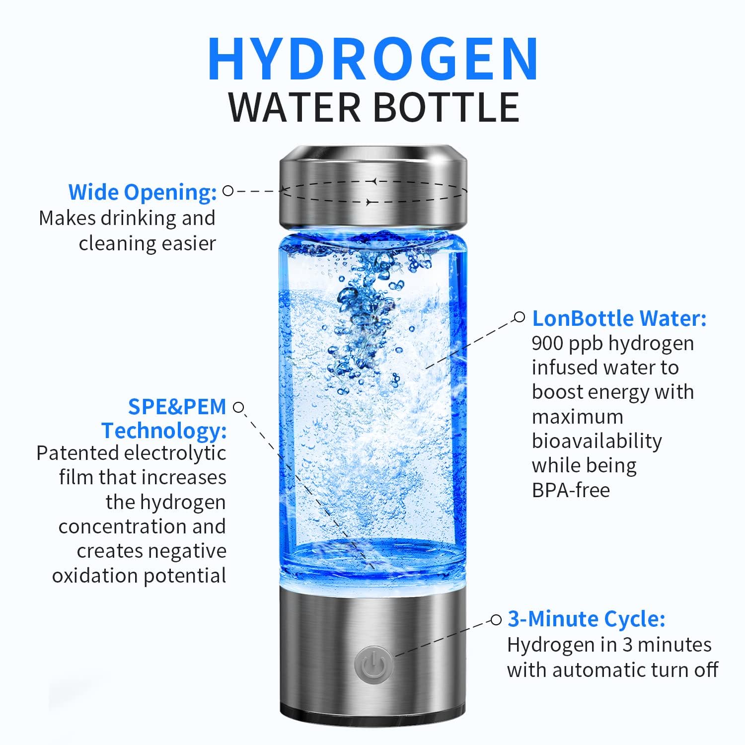 Hydrogen Water Bottle, Portable Hydrogen Water Ionizer Machine, Hydrogen Water Generator, Rechargeable Hydrogen Rich Water Glass Health Cup for Home Travel（Silver）