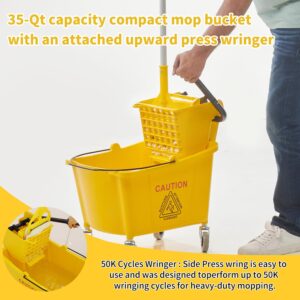 Midoneat Side Press Wringer Combo Commercial Mop Bucket on Wheels, 35 Quart,Yellow, Including Wet Floor Caution Sign（24Inch） and One Industrail Mop