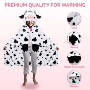 KUUKO Child Wearable Hooded Blanket: Whimsical Cow Design, Cozy Flannel, One Size Fits All, 39.3" Length, 49.2" Width, 8.6" Hood