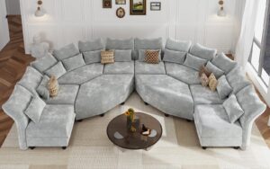 llappuil u shaped oversized sectional sofa 167" wide with 4 diamond ottomans, chenille modular couches sleeper sofa with storage and adjustable armrest for living room, office, entertainment, grey