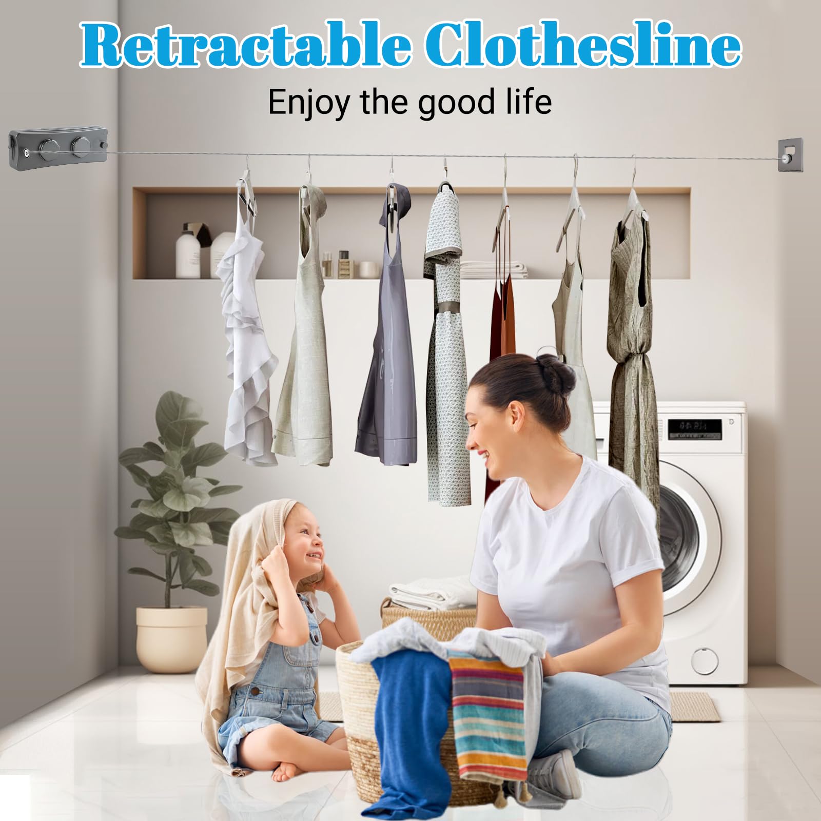 Retractable Clothesline Indoor Outdoor, Clothes Line Retracting, Double Retractable Clothes Lines, Wall Mounted Clothes Drying Line, Non-Sagging Stainless Steel Linefor Hanging Clothes with 16.7ft