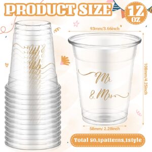 FoldTier 50 Pcs Mr and Mrs Cups 12 oz Plastic Wedding Cups Clear Engagement Disposable Cups Bridal Shower Drinking Cups for Home Kitchen Wedding Theme Party Favors Supplies Decoration