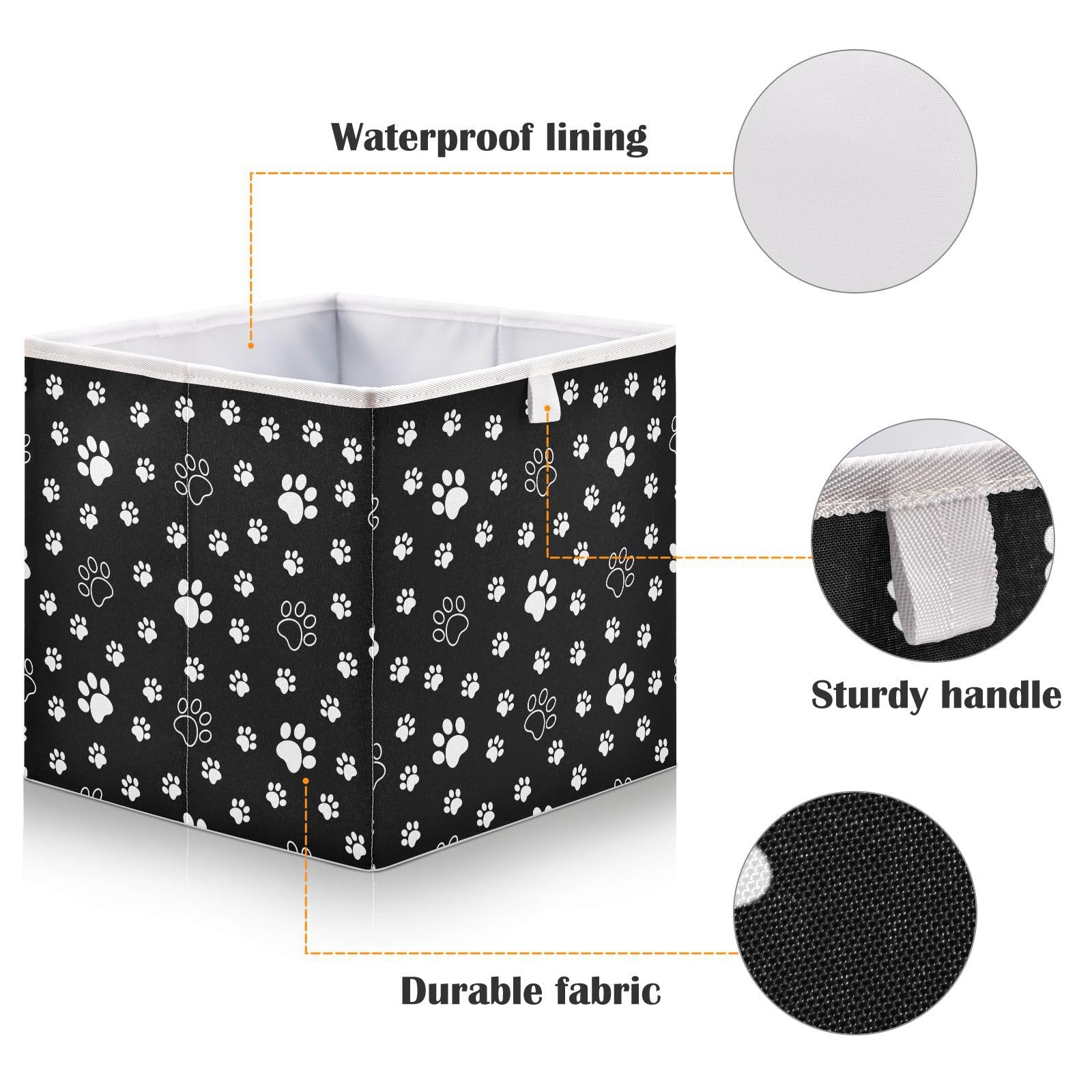 Ruhho White-paw-print-black Foldable Storage Cubes Baskets with Handles, Fabric Storage Bins, Clothes Toys Storage Box for Nursery Closet Shelves Organizer