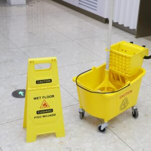 Midoneat Side Press Wringer Combo Commercial Mop Bucket on Wheels, 35 Quart,Yellow, Including Wet Floor Caution Sign（24Inch） and One Industrail Mop