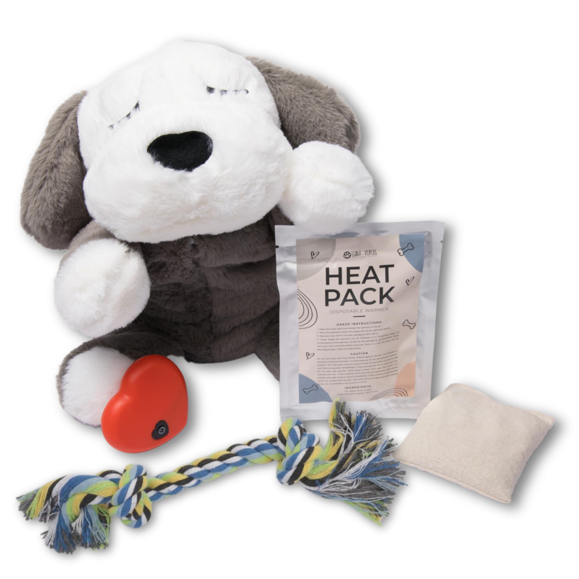 LUNA + RUFUS Heartbeat Puppy for Dogs with Blanket, Heat Packs and Chew Toy - Pet Anxiety Relief and Calming Sleep Aid - Perfect Dog Stuffed Animal for Behavioral Crate Training - Dog Toys