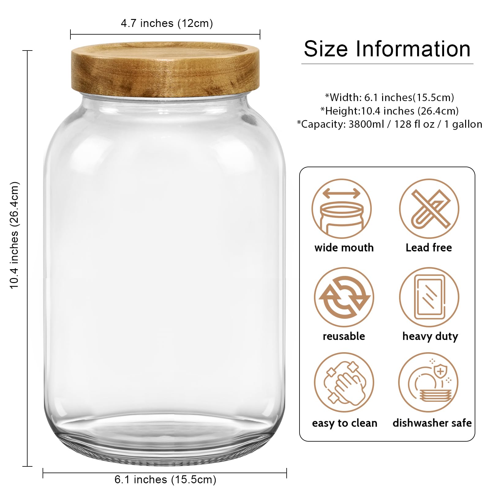 YoenKtss 1 Gallon Glass Jar with Airtight Lid, Wide Mouth Mason Jar with Wood Lid, Glass Storage Jars for Kitchen to Store Flour, Rice, Beans, Grains, Oats, Pasta, Sugar, Cookies