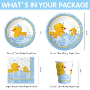 APOWBLS Rubber Duck Party Decorations Tableware - Duck Party Supplies, Plate, Cup, Napkin, Tablecloth, Cutlery, Bubble Bath Rubber Duck Theme Birthday Baby Shower Decorations Dinnerware | Serve 24