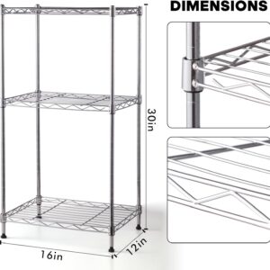 Land Guard Height-Adjustable Chrome Storage Racks and Shelving, 3-Tier Wire Shelf, Metal Rack Shelving, Narrow Storage Rack for Laundry Bathroom Kitchen Pantry Closet (16”L x 12”W x 30”H)…