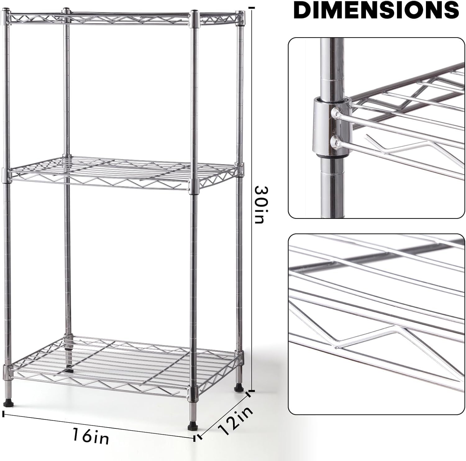 Land Guard Height-Adjustable Chrome Storage Racks and Shelving, 3-Tier Wire Shelf, Metal Rack Shelving, Narrow Storage Rack for Laundry Bathroom Kitchen Pantry Closet (16”L x 12”W x 30”H)…