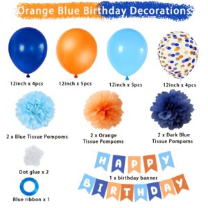 Rishafowg Blue and Orange Happy Birthday Party Decorations, Blue Themed Party Decorations with Banner Balloons and Pompoms Birthday Baby Shower Décor Supplies Kids Boys Girls