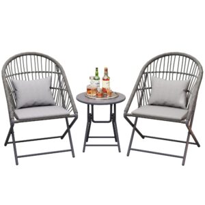 hwb foldable 3-piece patio bistro set with folding rattan chairs and round table - small outdoor furniture for balcony, garden, backyard, restaurant, cafe bar (grey)