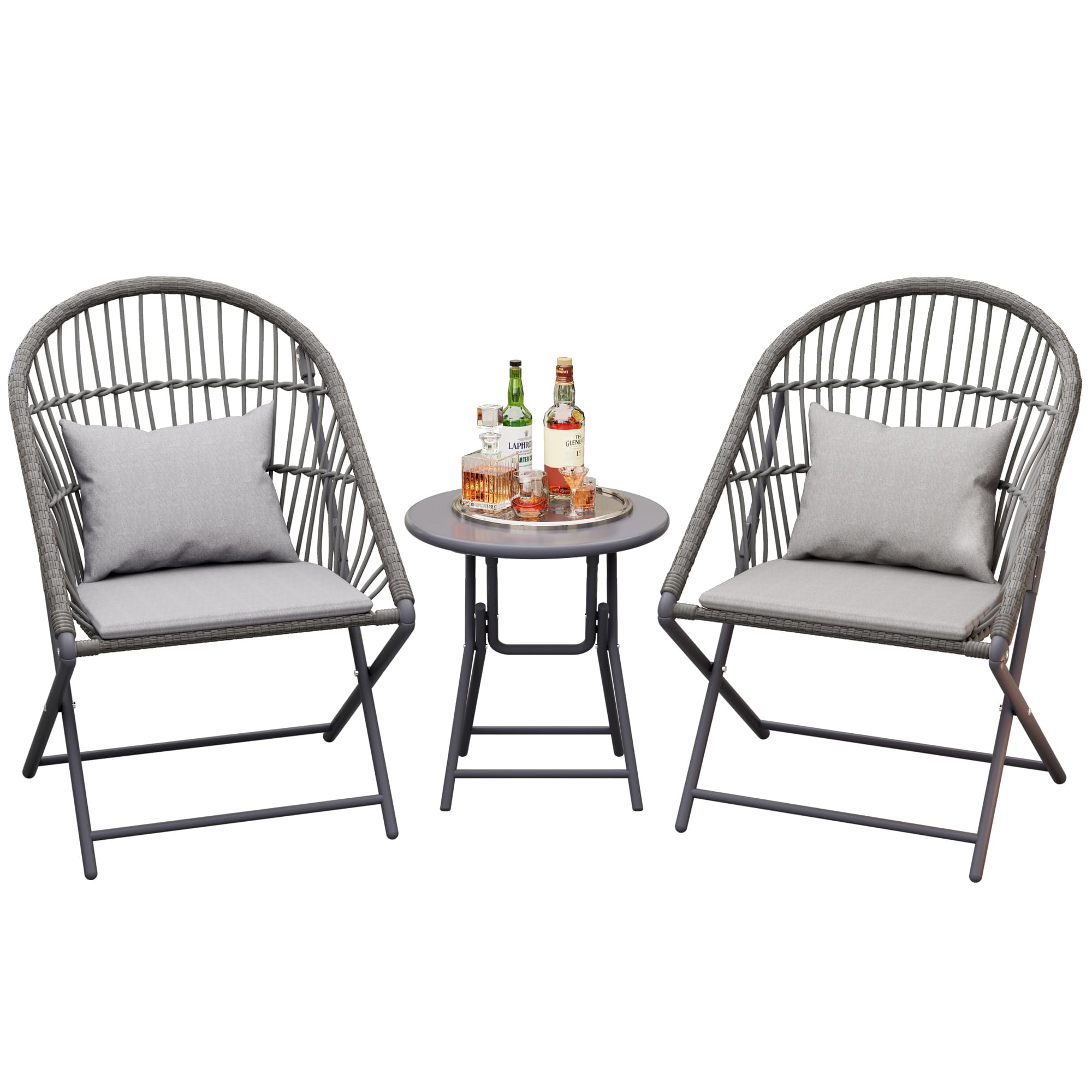 HWB Foldable 3-Piece Patio Bistro Set with Folding Rattan Chairs and Round Table - Small Outdoor Furniture for Balcony, Garden, Backyard, Restaurant, Cafe Bar (Grey)