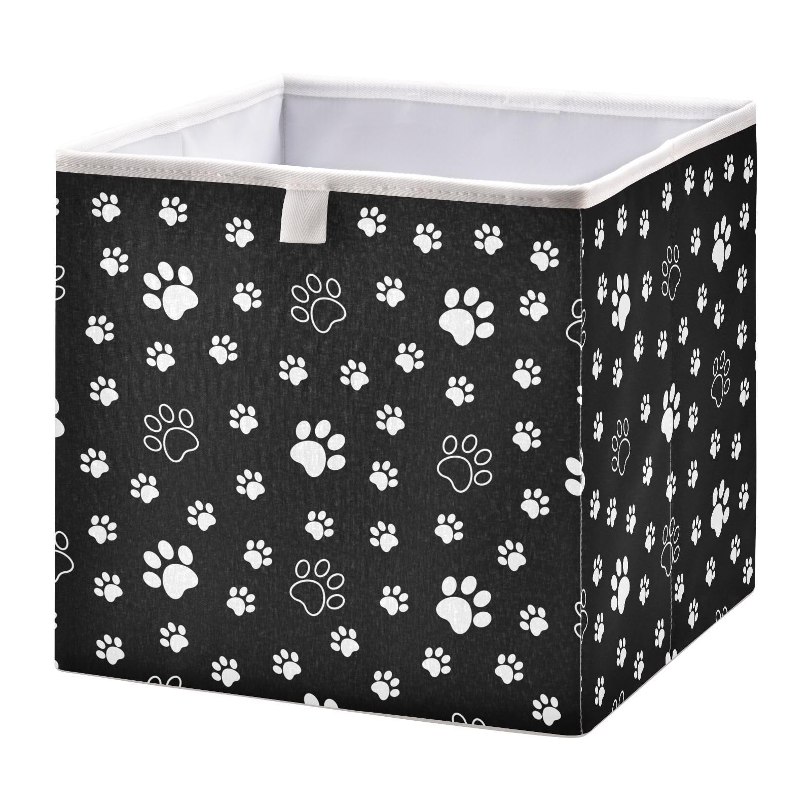 Ruhho White-paw-print-black Foldable Storage Cubes Baskets with Handles, Fabric Storage Bins, Clothes Toys Storage Box for Nursery Closet Shelves Organizer