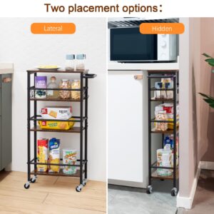 LOAKEKEL Slim Rolling Cart, 4-Tier Storage Cart on Wheels, Narrow Kitchen Cart with 6 Hooks for Small Spaces, 7.87" Deep, Mobile Shelving Unit Utility Cart for Dining Room, Bathroom, Brown HKC04BR-1