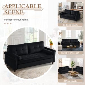 61.5-inch Small Black Couch, Comfy Velvet Upholstered Black Loveseat muebles para la sala Mid-Century Modern Couches Love Seat Mini Sofa for Bedroom Living Room Office Furniture for Small Spaces