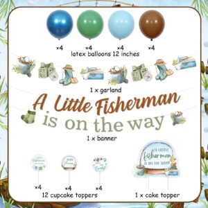 kreat4joy Fishing Baby Shower Decorations for Boy, Gone Fishing Baby Shower Decorations, A Little Fisherman Is on the Way Banner Cake Cupcake Toppers Blue Green Brown Balloons for Fish Baby Shower