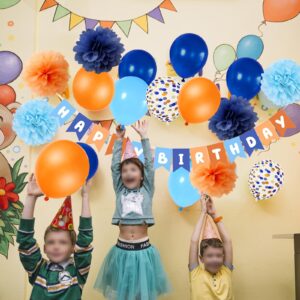 Rishafowg Blue and Orange Happy Birthday Party Decorations, Blue Themed Party Decorations with Banner Balloons and Pompoms Birthday Baby Shower Décor Supplies Kids Boys Girls