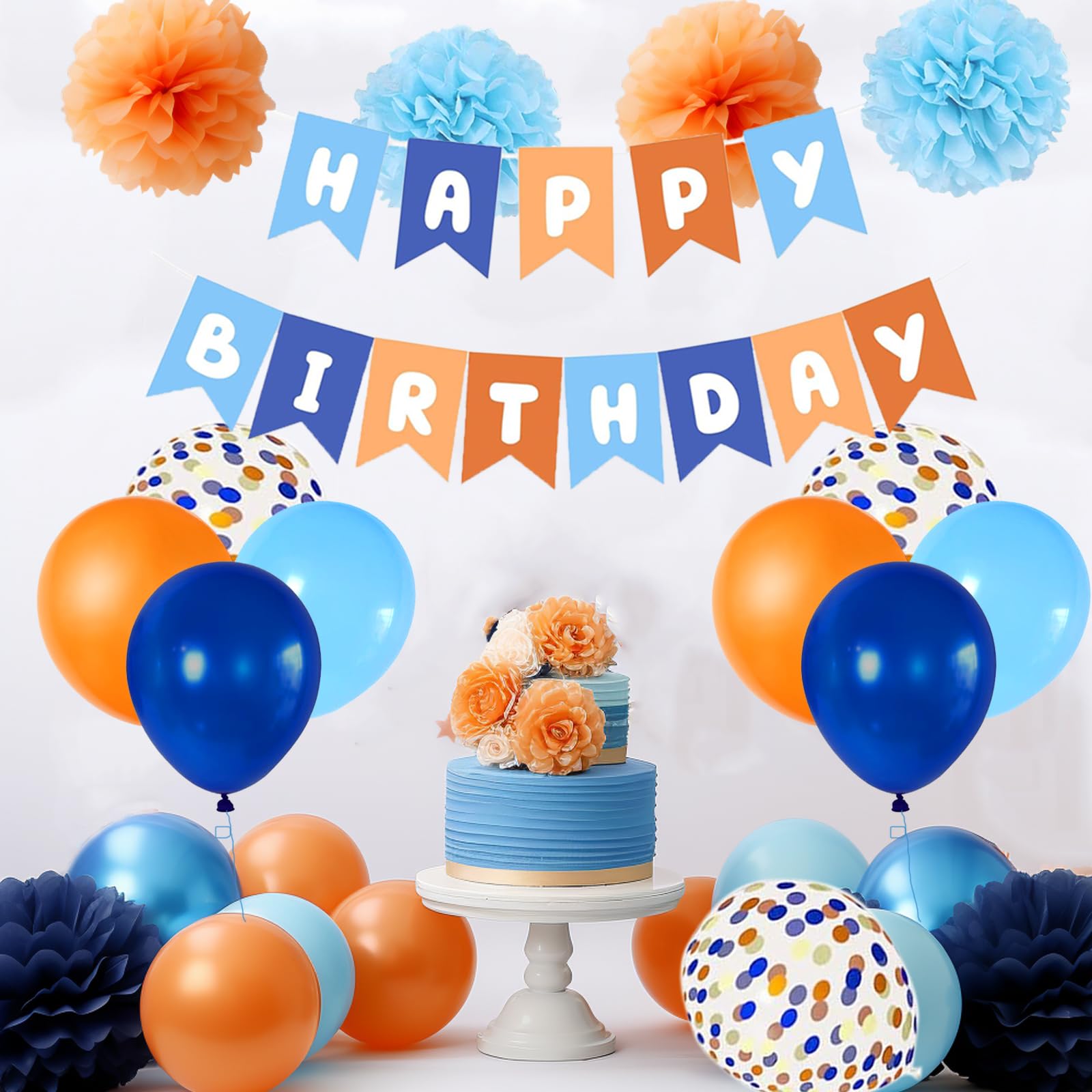 Rishafowg Blue and Orange Happy Birthday Party Decorations, Blue Themed Party Decorations with Banner Balloons and Pompoms Birthday Baby Shower Décor Supplies Kids Boys Girls