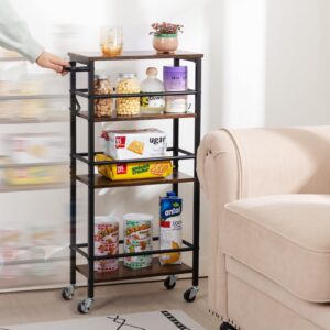 LOAKEKEL Slim Rolling Cart, 4-Tier Storage Cart on Wheels, Narrow Kitchen Cart with 6 Hooks for Small Spaces, 7.87" Deep, Mobile Shelving Unit Utility Cart for Dining Room, Bathroom, Brown HKC04BR-1