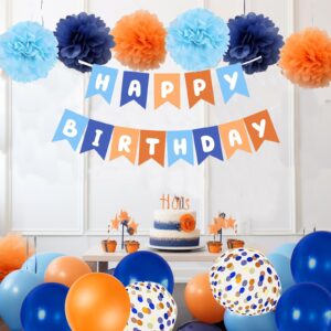 Rishafowg Blue and Orange Happy Birthday Party Decorations, Blue Themed Party Decorations with Banner Balloons and Pompoms Birthday Baby Shower Décor Supplies Kids Boys Girls