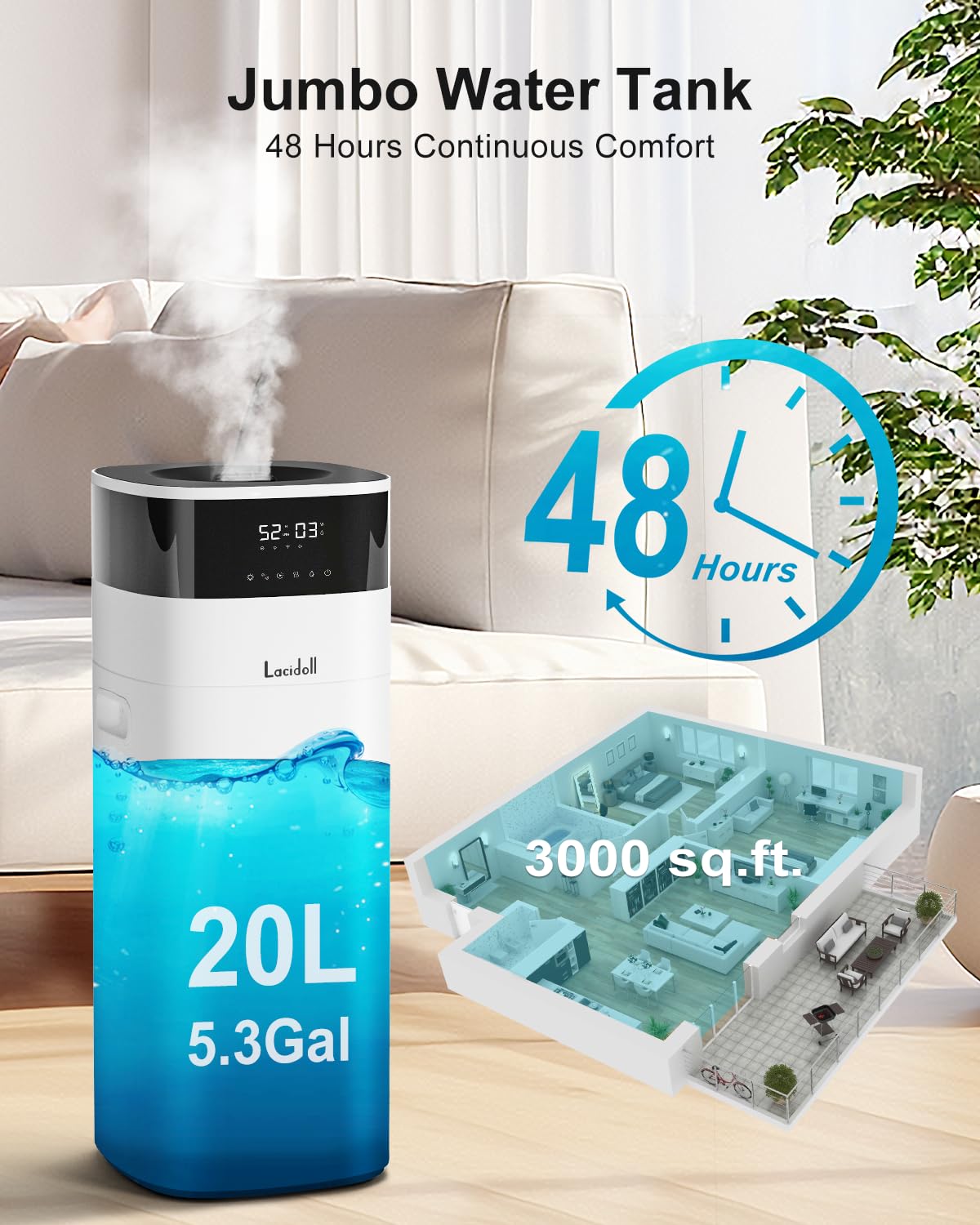 LACIDOLL Humidifier Large Room, 5.3Gal/20L Cool and Warm Mist Humidifiers for Home 3000 sq ft, Whole House Humidifiers with Diffuser&Extended Tube, Top Fill Humidifiers for Bedroom Baby Nursery Plants