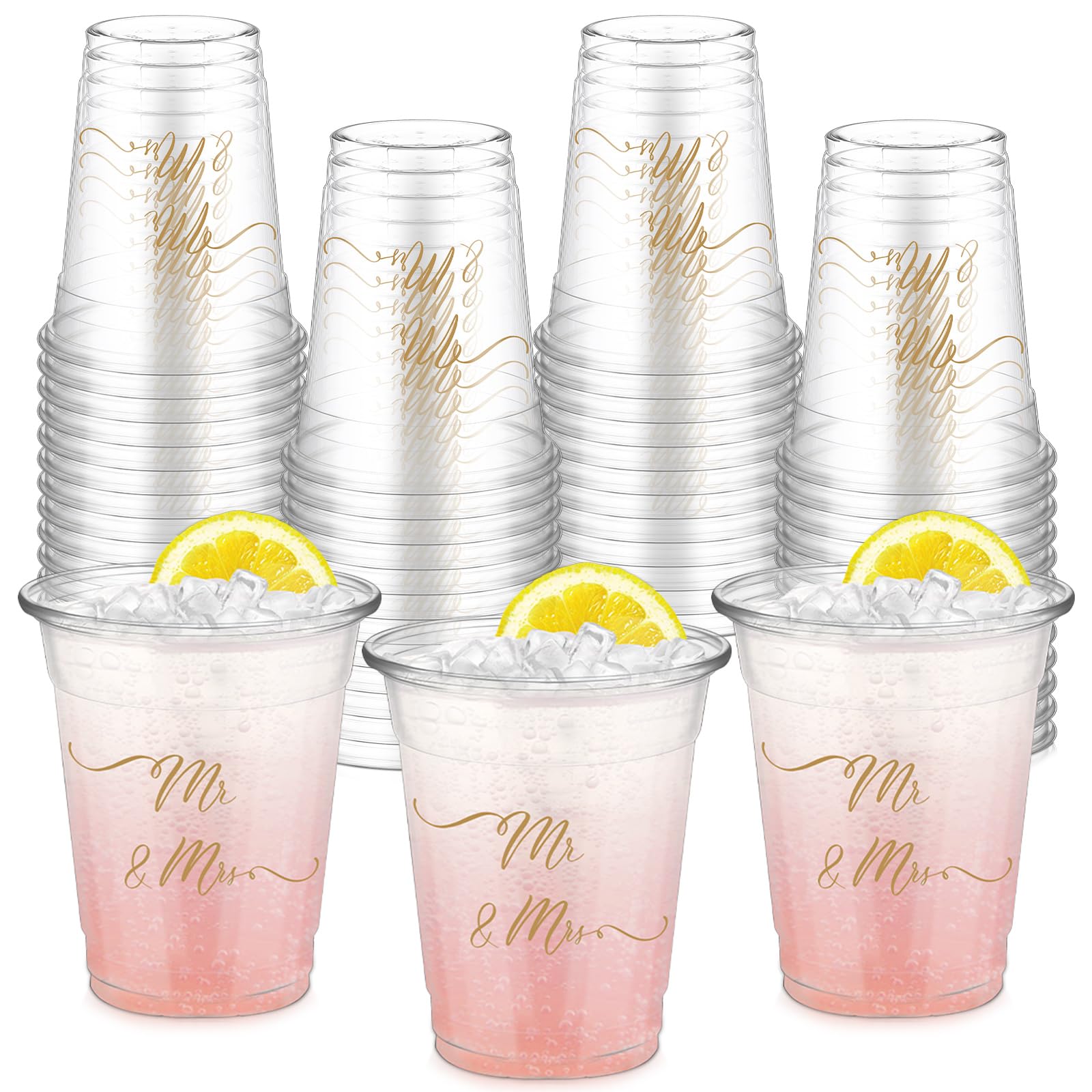 FoldTier 50 Pcs Mr and Mrs Cups 12 oz Plastic Wedding Cups Clear Engagement Disposable Cups Bridal Shower Drinking Cups for Home Kitchen Wedding Theme Party Favors Supplies Decoration