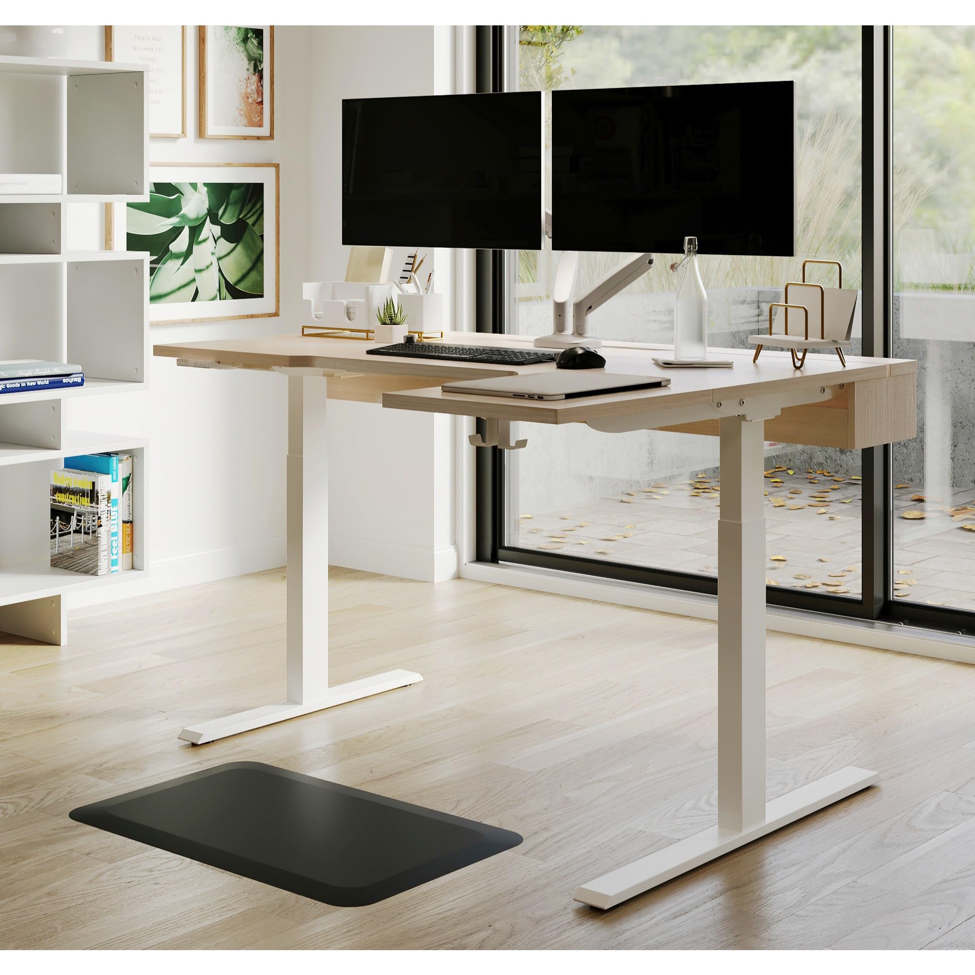 Realspace® Koru Electric 59"W L-Shaped Height-Adjustable Standing Desk with Integrated Power & Charging, Natural Oak