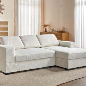 AMERLIFE 96 inch Oversized Sectional Sofa, Modern Couch with Chaise, Comfy Sofa Couch with Right Chaise, White Corduroy Sofa