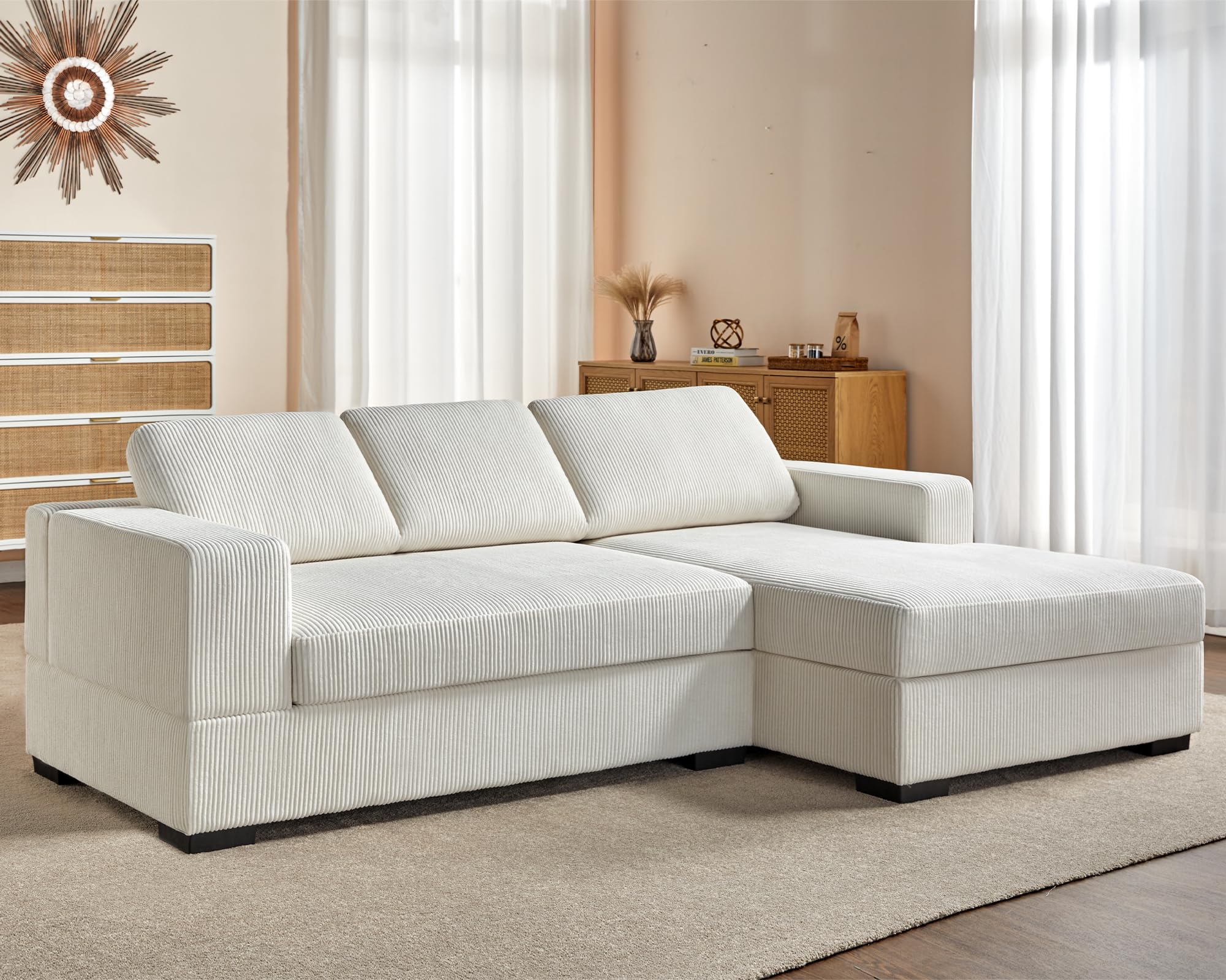 AMERLIFE 96 inch Oversized Sectional Sofa, Modern Couch with Chaise, Comfy Sofa Couch with Right Chaise, White Corduroy Sofa