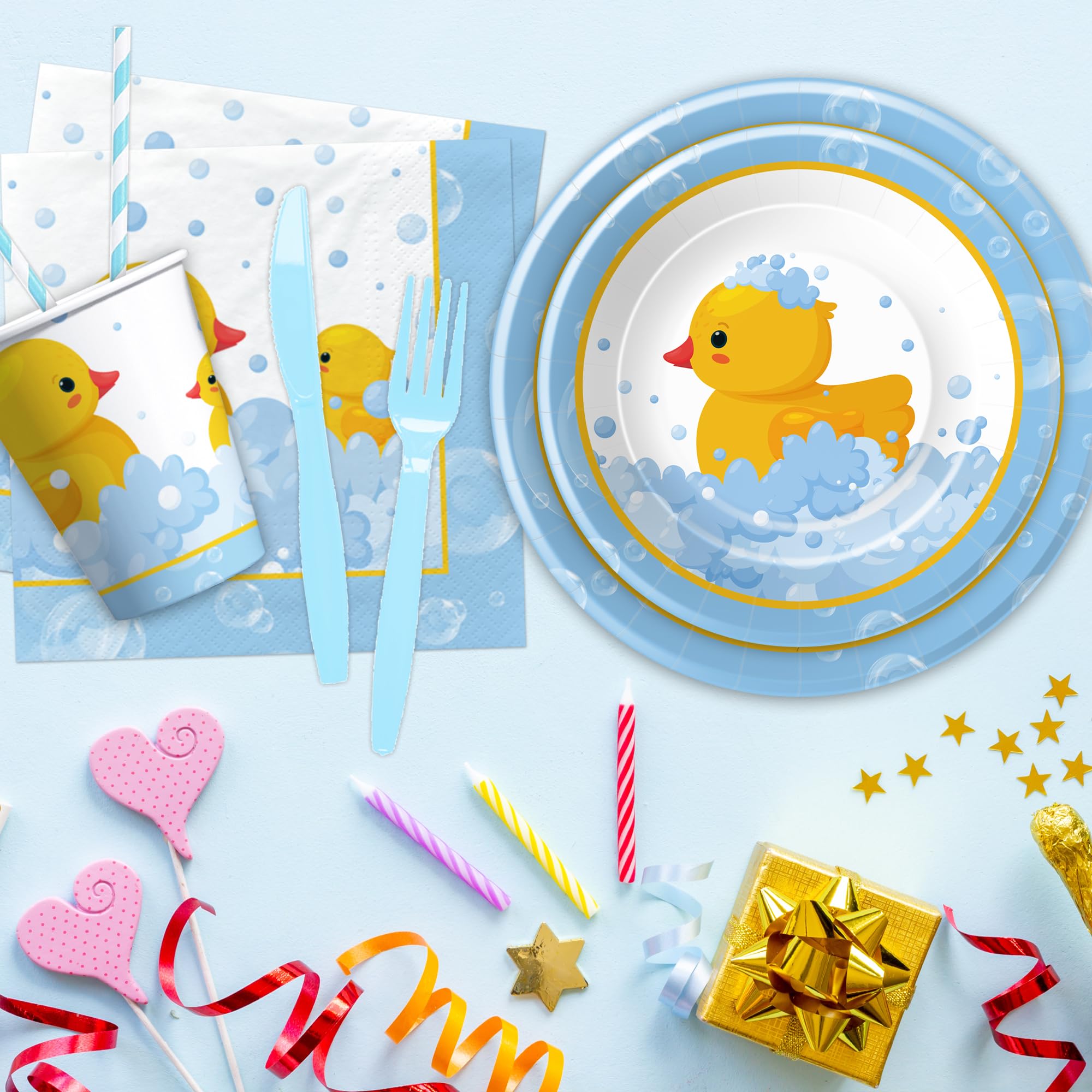 APOWBLS Rubber Duck Party Decorations Tableware - Duck Party Supplies, Plate, Cup, Napkin, Tablecloth, Cutlery, Bubble Bath Rubber Duck Theme Birthday Baby Shower Decorations Dinnerware | Serve 24