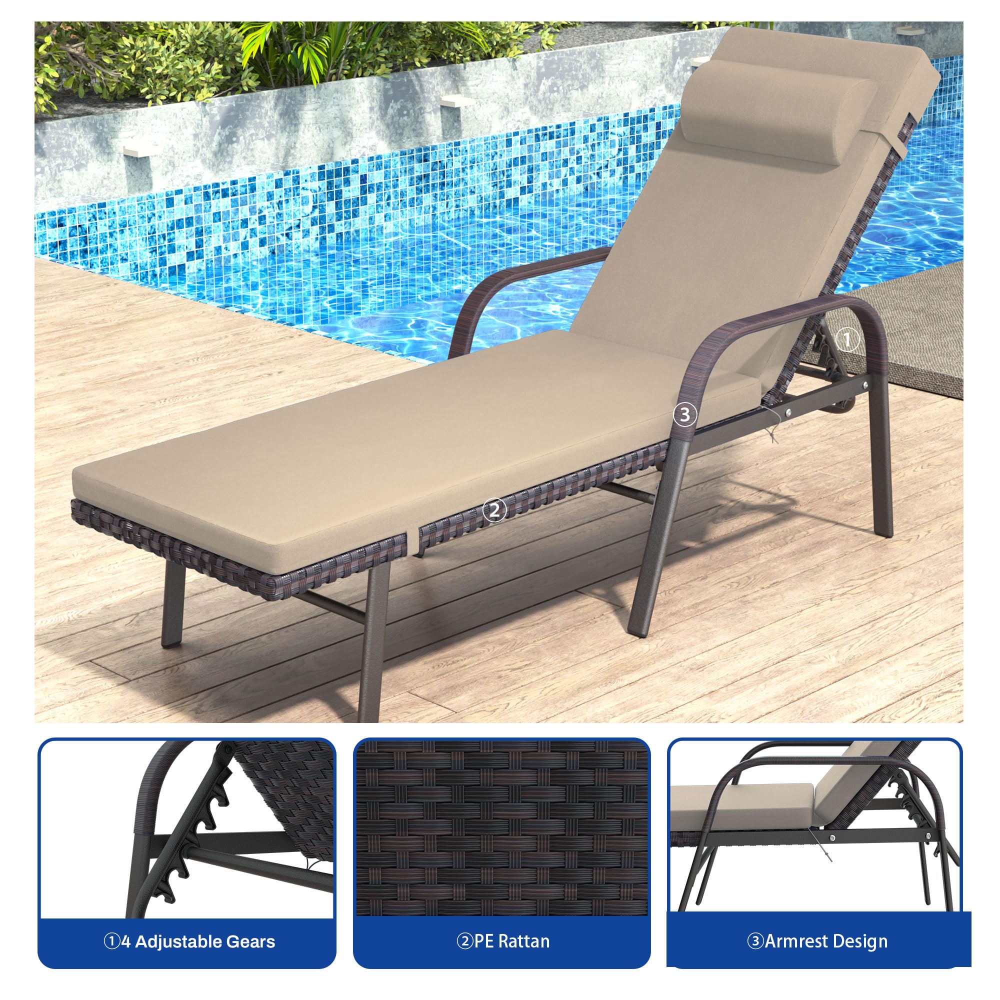 Trumbeak Patio Chaise Lounge Set 3 Pieces Pool Lounge Chairs,Cushioned Outdoor Folding Lounge Chair w/Arm and Rattan Adjustable Backrest for Poolside Porch,Folding Table Included,Sand