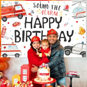 Wonmelody Emergency Birthday Decorations Backdrop Happy Birthday Sound the Alarm Backdrop Banner Rescue Vehicle Birthday Party Supply Team Rescue Backdrop First Responder Transportation Party